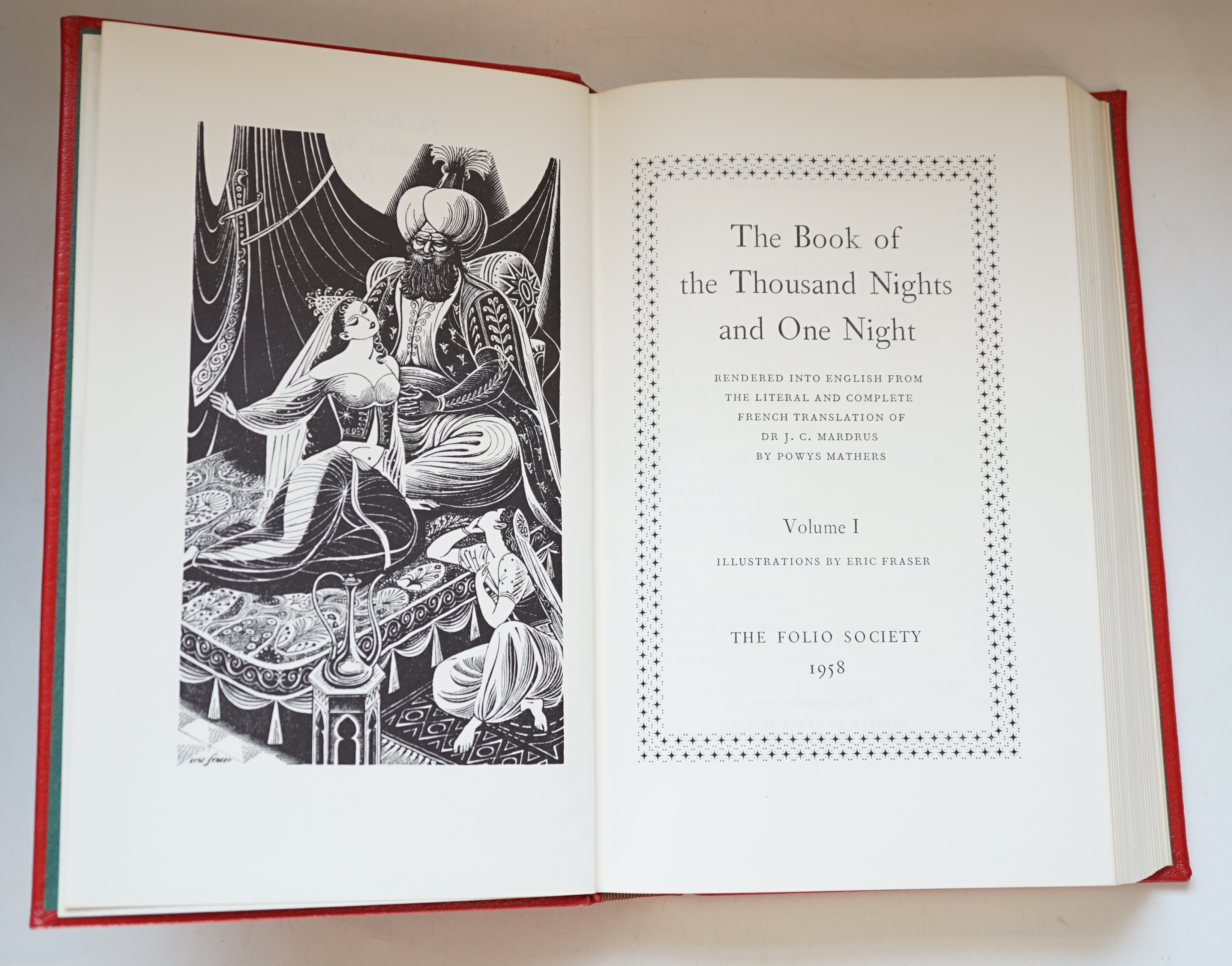 Folio Society - The Book of the Thousand Nights and One Night, rendered into English from the literal and complete French translation of Dr J. C. Mardrus by Powys Matheurs, 4 vols, 3rd impression , each with 13 illustrat